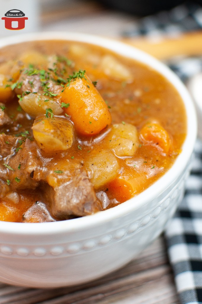beef stew in white bowl